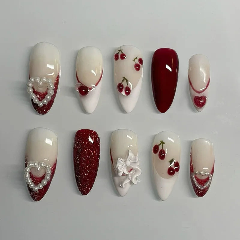 Blushimmer 24-piece wine red almond press-on nails with cartoon rabbit, bowknot, plaid, pearl designs, French style for girls