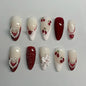 Blushimmer 24-piece wine red almond press-on nails with cartoon rabbit, bowknot, plaid, pearl designs, French style for girls