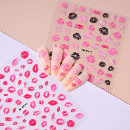 Red lips and love heart nail decal stickers by Blushimmer, self-adhesive romantic nail art for Valentine's Day DIY manicure.