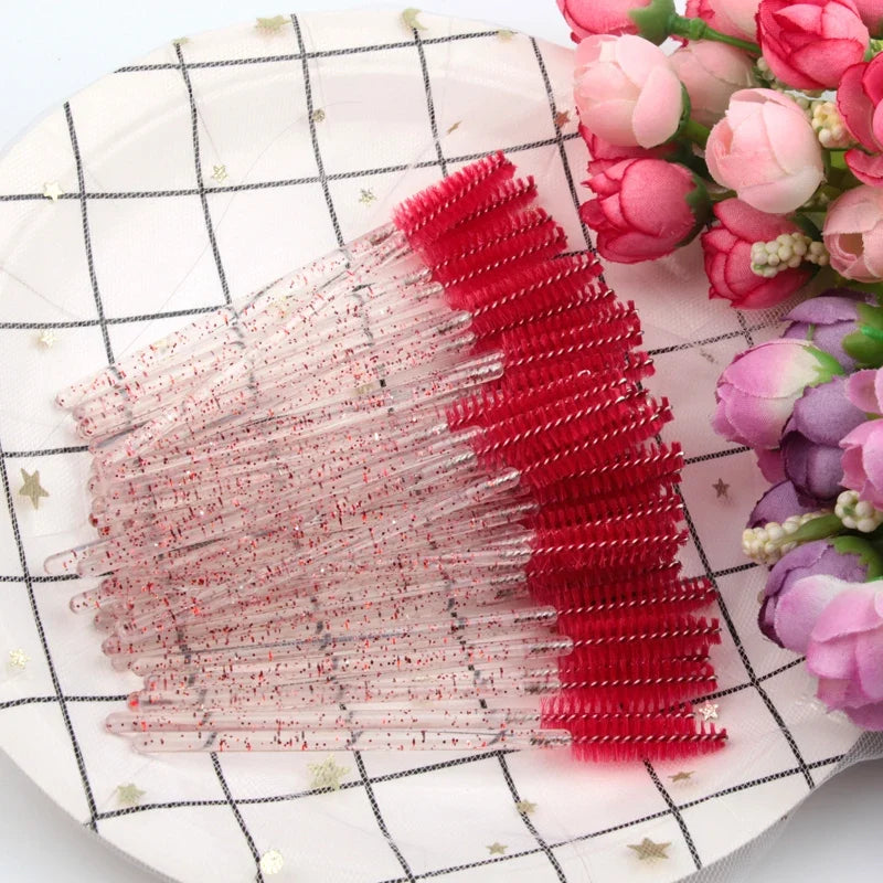 Set of 50 eyelash and eyebrow brushes by Blushimmer, including mascara wands, spoolers, and false eyelash extension tools.