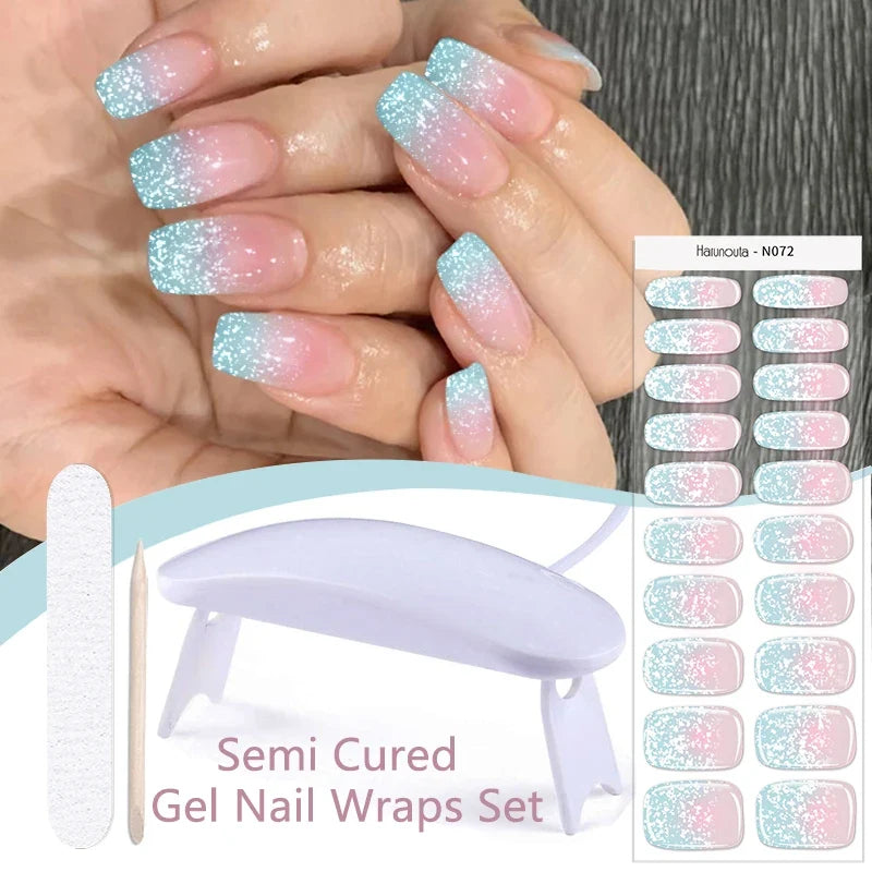 Blushimmer Harunouta 4-piece set of gradient nude pink gel nail strips with waterproof, semi-cured finish and nail lamp for long-lasting manicures.
