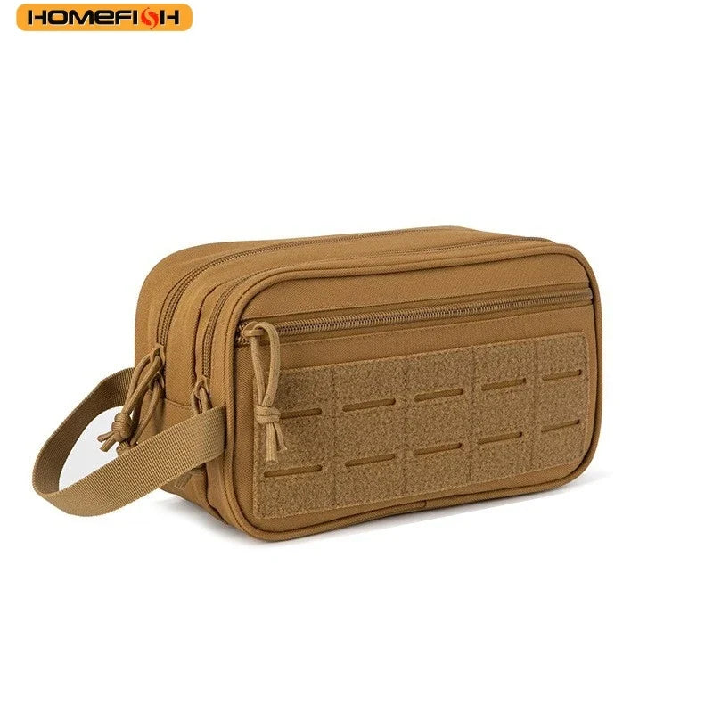 Blushimmer HOMEFISH tactical toiletry bag for men with Molle pouches, small Dopp kit for travel shaving, shower, and makeup essentials.