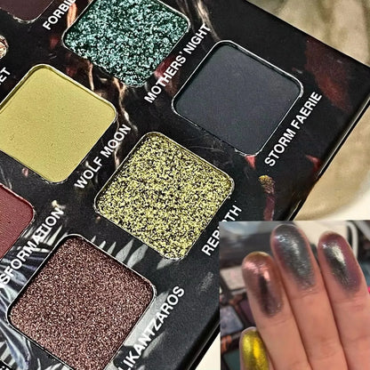 Purple Chameleon 15-color eyeshadow palette by Blushimmer with shimmering and matte shades, shown open with vibrant colors.