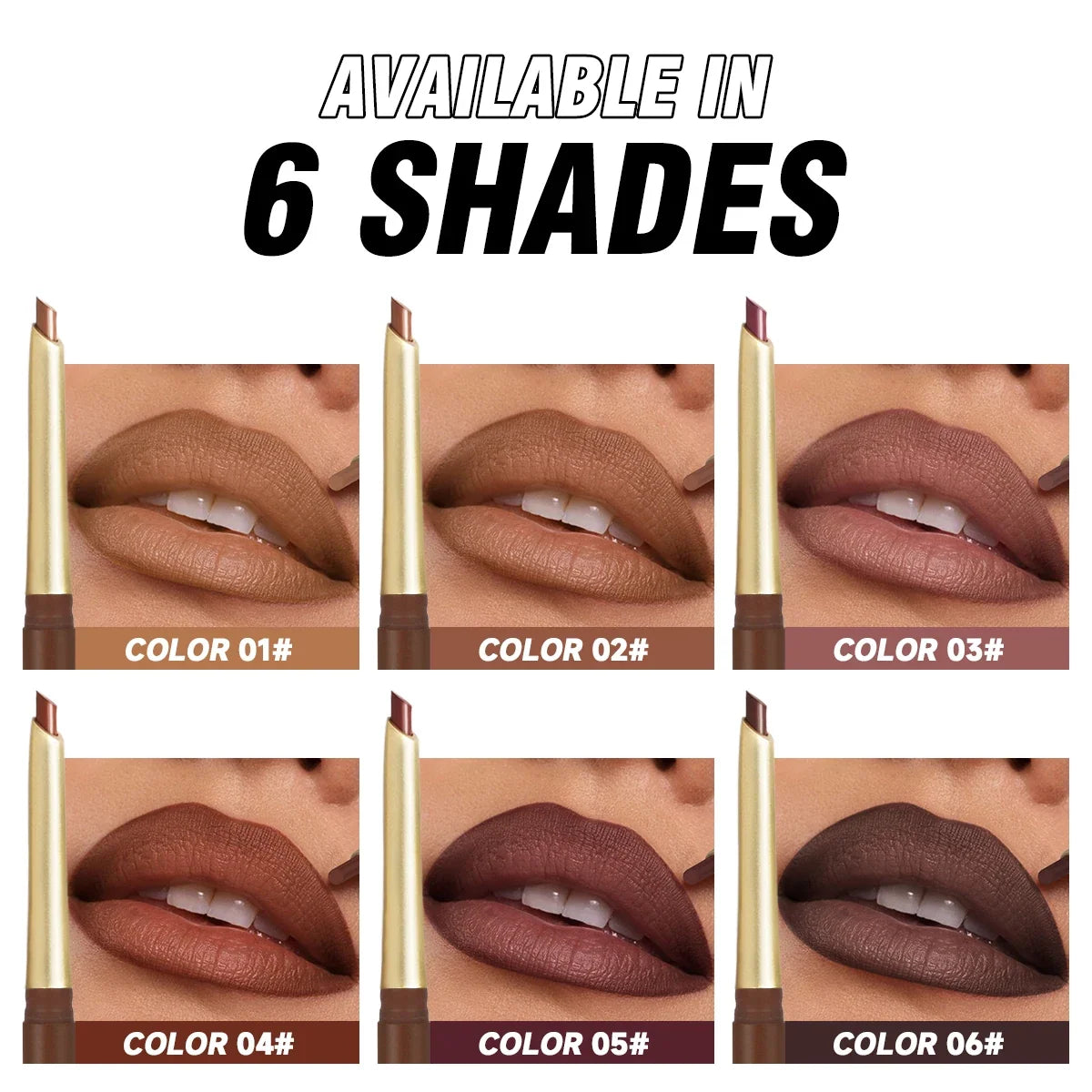 Blushimmer matte 6-color lip liner pencils with bevel design, nude and brown shades, natural lasting lip contour makeup.