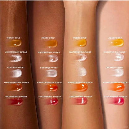 Blushimmer Gisou moisturizing lip balm and gloss with plumping and exfoliating benefits, featuring a sleek lip oil and gloss applicator.