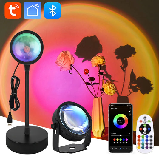 Tuya Smart Sunset Projector Lamp, RGB LED Spotlight with Smart Life App & IR Remote for Party, Photography & Night Light Decor