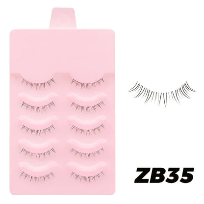 Blushimmer DINGSEN fake eyelash set with five pairs of natural-looking anime and manga-style clear band eyelashes for daily makeup.