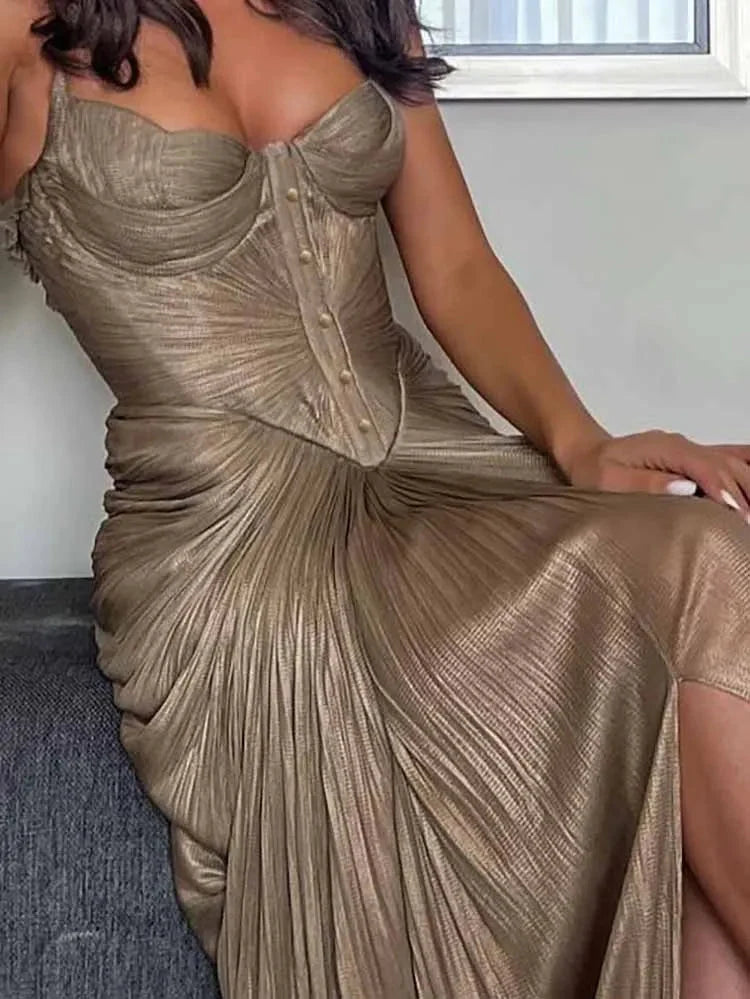 Antique gold low back lace-up party dress by Luxlife Brands, featuring elegant design and intricate lace details.