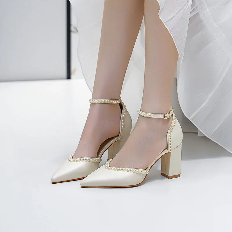 2026 New High Heels Bride Wedding Shoes Women Pumps,Pointed Toe,Side Shallow,V Shape,Pearls Ankle Strap,White,Beige,Dropship