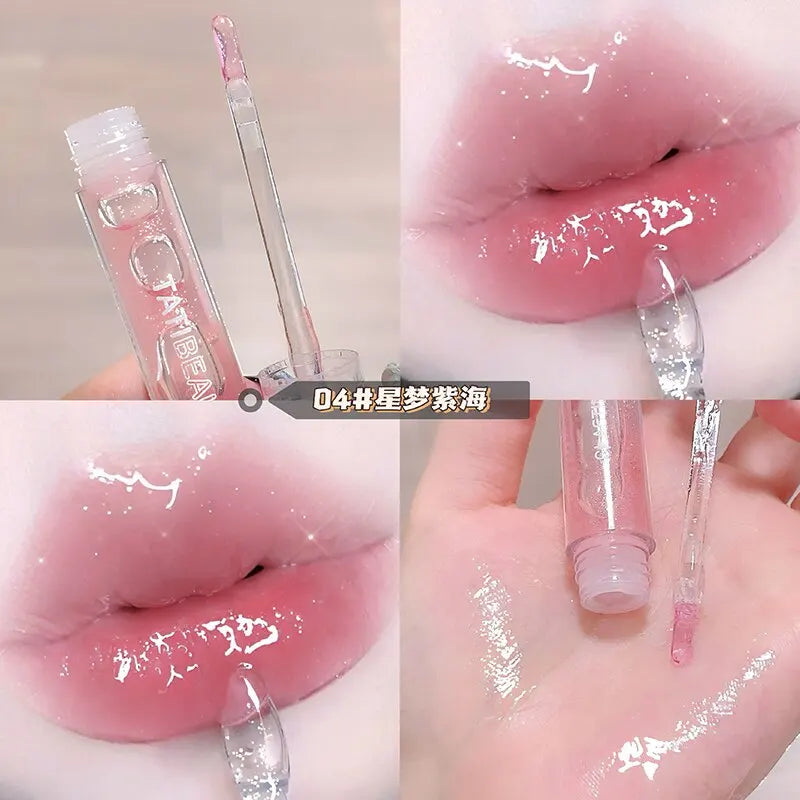 Blushimmer Lip Oil Uuny transparent water gloss with honey, moisturizing lip glaze in a mirror-topped glass container, ideal for students.
