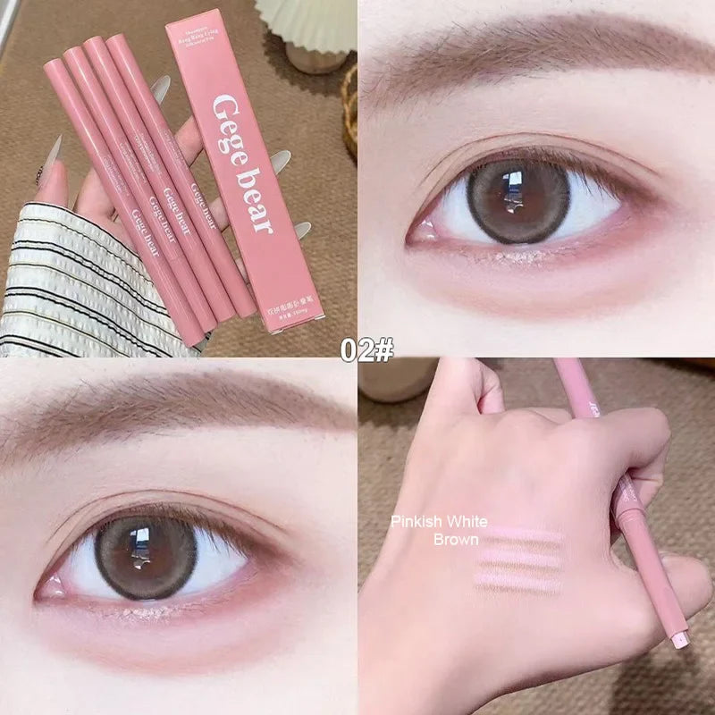 Blushimmer double-ended lying silkworm pencil with highlighter and eyeliner, nude shade, featuring a detail brush for eye makeup application.