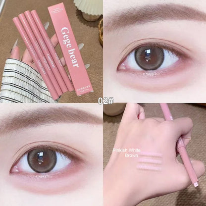 Blushimmer double-ended lying silkworm pencil with highlighter and eyeliner, nude shade, featuring a detail brush for eye makeup application.
