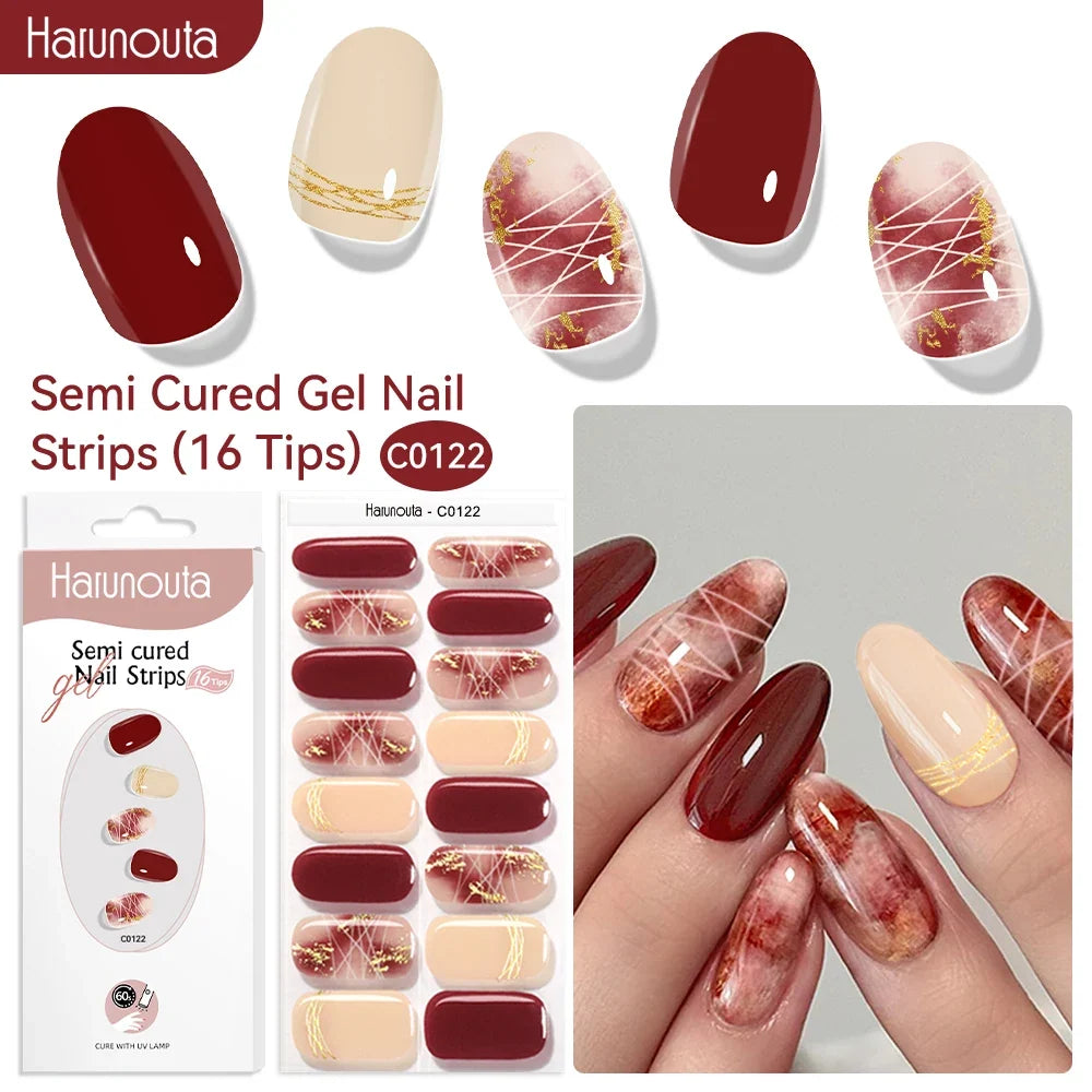 Blushimmer Harunouta 16-strip gradient red marble gel nail strips with gold lines for DIY gel polish application on nails.