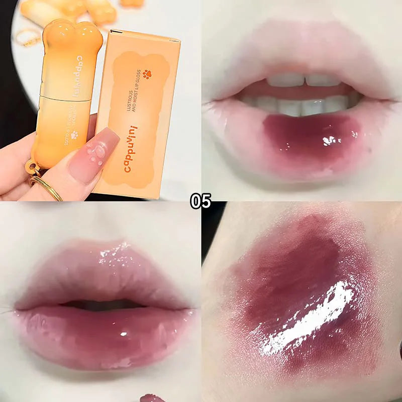PinkCoco Bear Doodle Mirror Lip Glaze by Blushimmer, shiny long-lasting nude lip gloss with brightening effect, ideal for students.