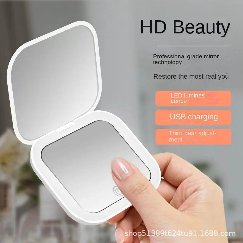 Blushimmer mini portable folding makeup mirror with LED lights, magnifying compact travel vanity mirror for precise makeup application