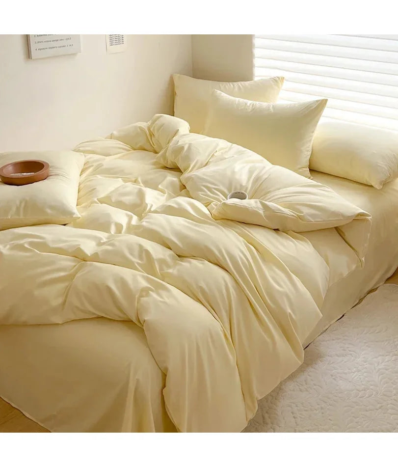 Solid Bed Linen Cotton Bedding Set with Sheet Duvet Cover Pillowcase Single Couple Bedsheet King Queen Double Twin Size