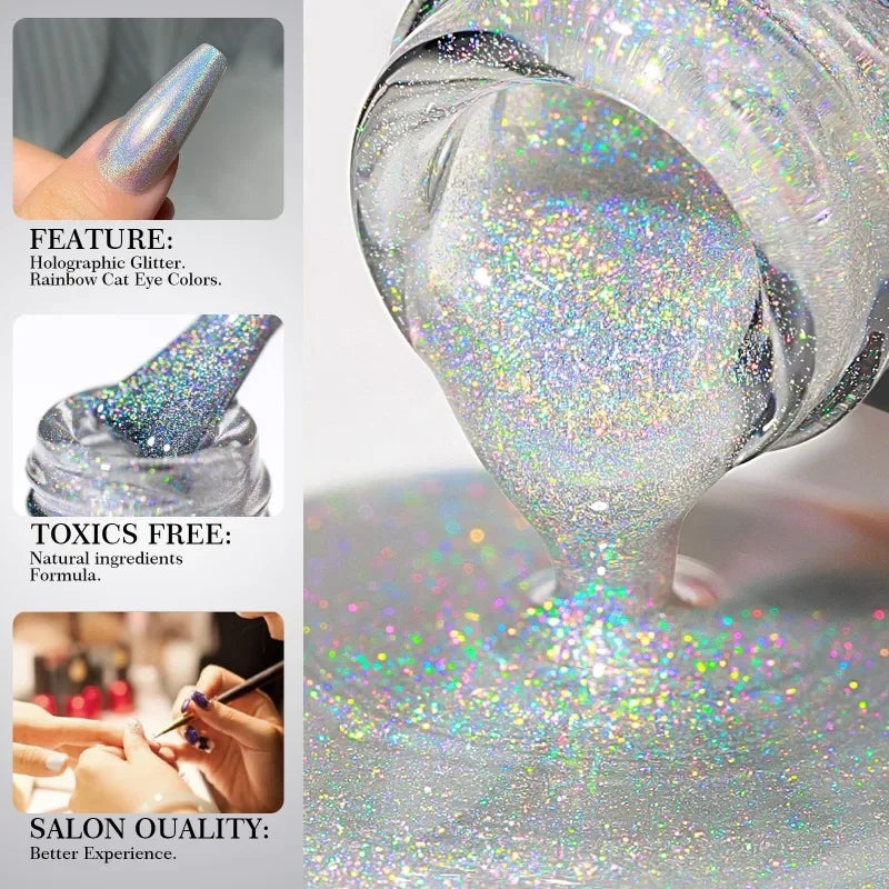 Blushimmer Rainbow Sparkle holographic nail polish bottle with multichrome laser glitter for professional nail art, quick-dry formula.