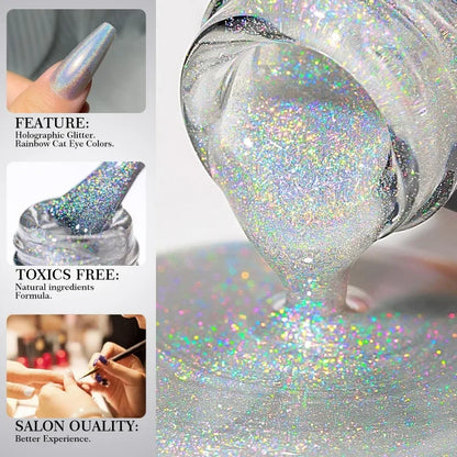 Blushimmer Rainbow Sparkle holographic nail polish bottle with multichrome laser glitter for professional nail art, quick-dry formula.