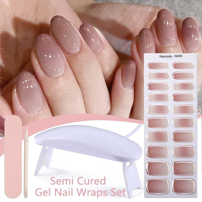 Blushimmer Harunouta 4-piece set of gradient jelly semi-cured gel nail strips in nude pink with waterproof, long-lasting nail stickers and lamp.