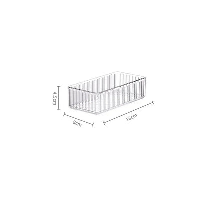 Clear plastic storage box by Blushimmer, desk organizer with multiple compartments for jewelry, makeup, and small items.