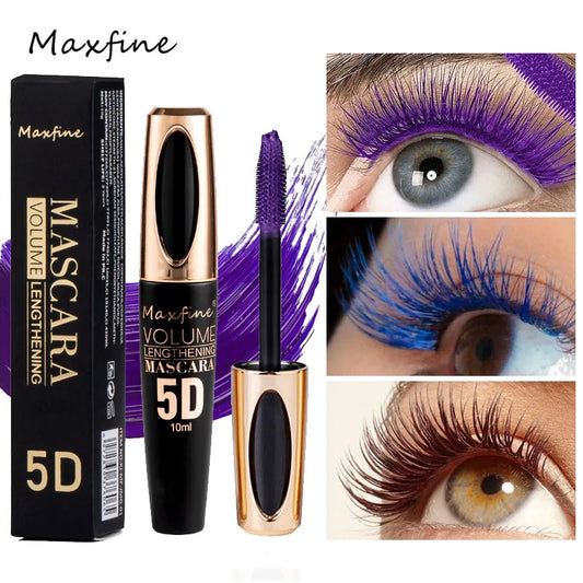 Silcy Skin 5D Silk Mascara showing thick, long black lashes, waterproof, non-caking formula, designed for bold, lasting eye makeup.