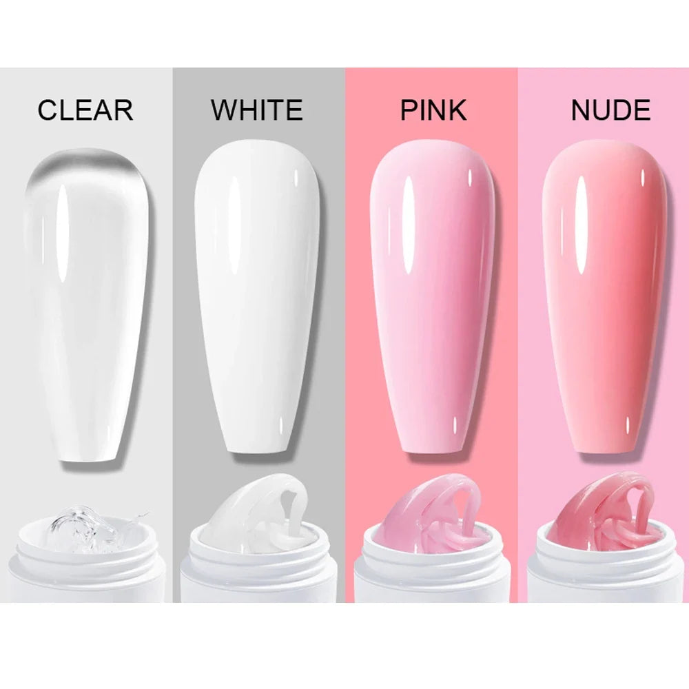 Clear non-stick hand extension gel by Blushimmer in 15ml jar, showcasing milky jelly texture for 3D shaping and sculpting nails.
