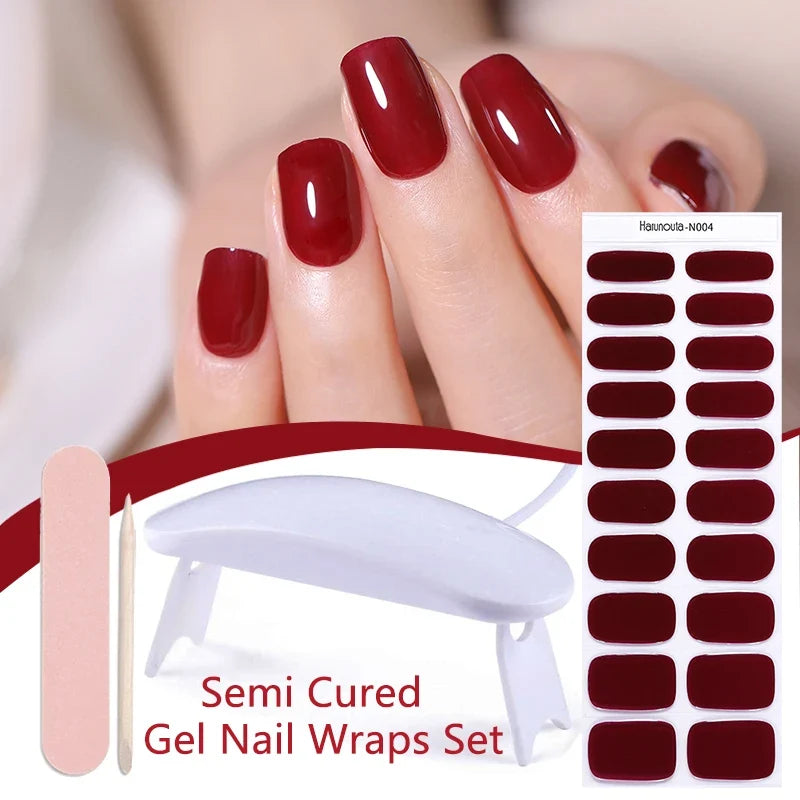 Harunouta 4-piece set of gradient jelly semi-cured gel nail strips by Blushimmer with nude pink waterproof stickers and nail lamp