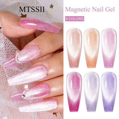 Set of 7 shiny pink and colorful magnetic gel nail polishes with magnetic rod, semi-permanent UV gel varnish from Blushimmer.