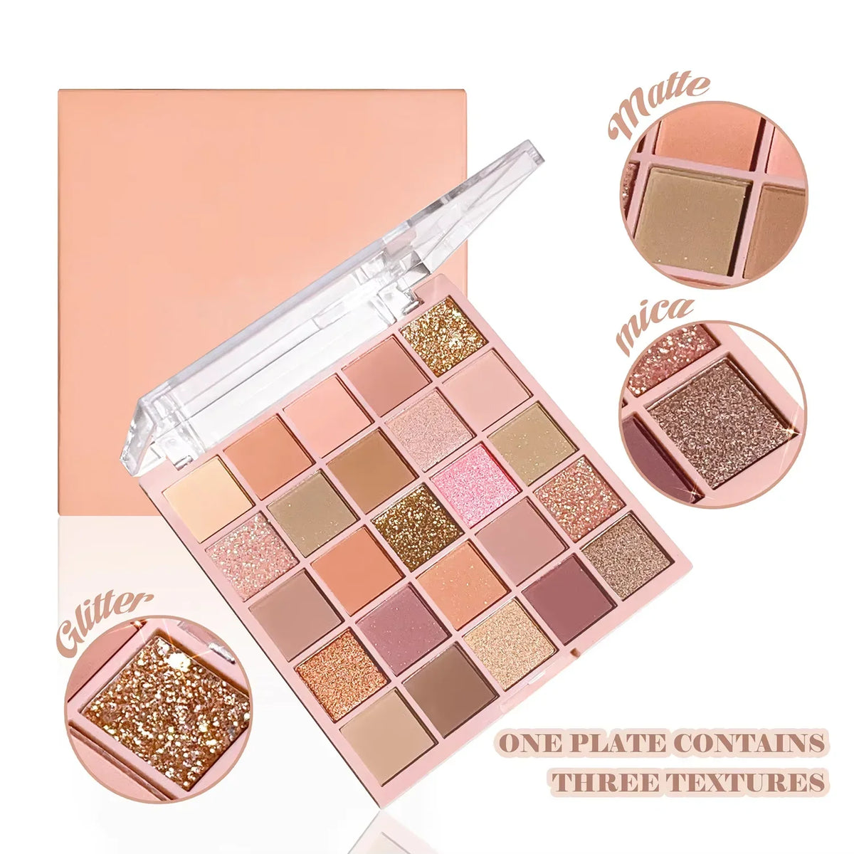 Blushimmer 25-color eye shadow tray with sparkling powder, pearl sequins, in gentle orange brown and oatmeal milk tea shades.
