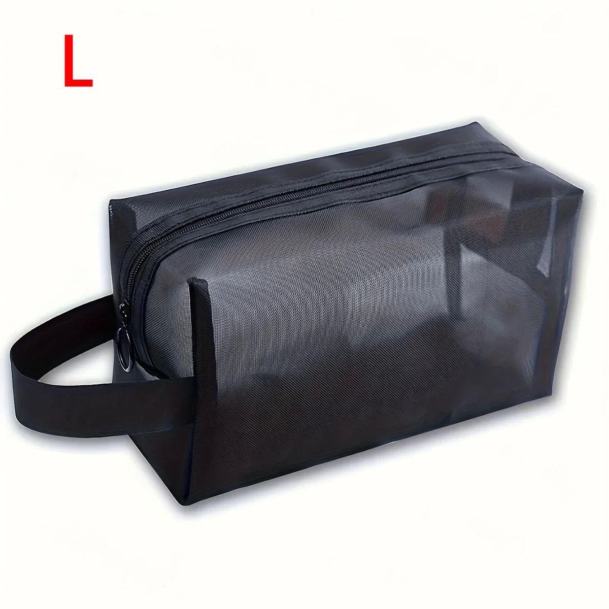 Black mesh cosmetic bag by Blushimmer with zipper closure, portable travel makeup and toiletry organizer, compact storage pouch