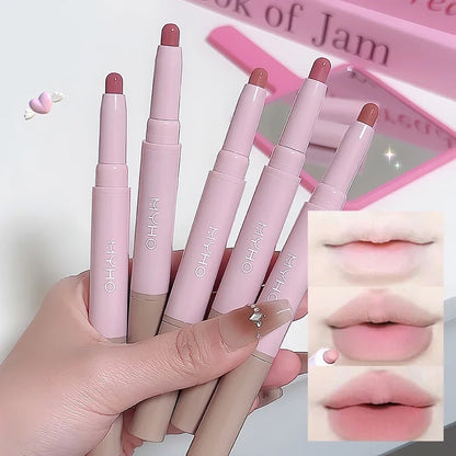 Blushimmer waterproof matte lipstick and lip liner pencil in nude pink and sexy red brown shades for long-lasting lip makeup.
