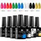 Blushimmer 7-piece gel nail polish set with colorful bottles for DIY nail art, long-lasting soak-off UV gel for manicures.