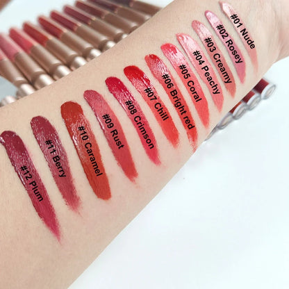 Blushimmer 12-color creamy matte lip gloss set with long-lasting, moisturizing nude, berry, and rose shades for plump lips.