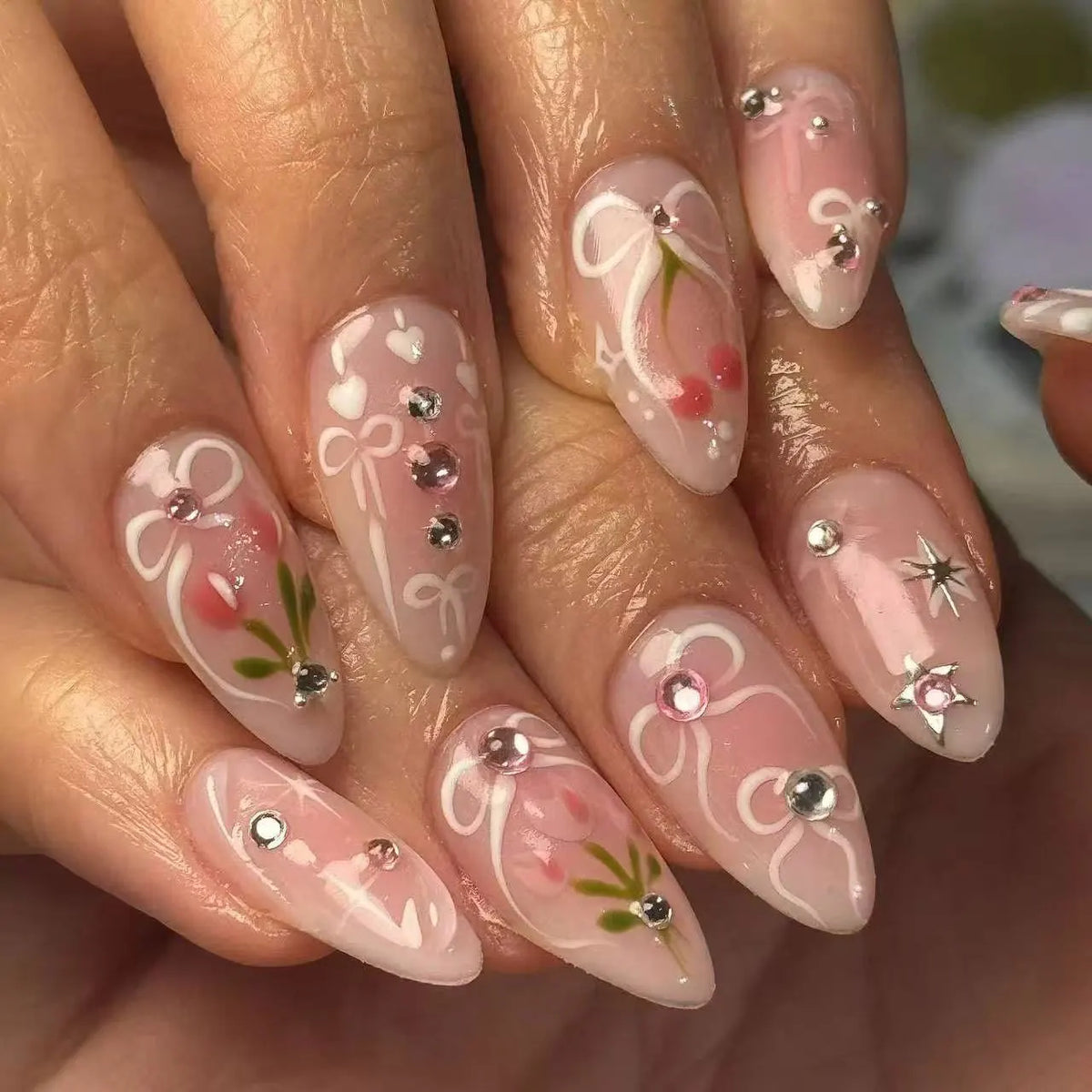 Blushimmer 24-pack wine red almond press-on nails with cartoon rabbit, bowknot, plaid, pearl designs, French style for girls.