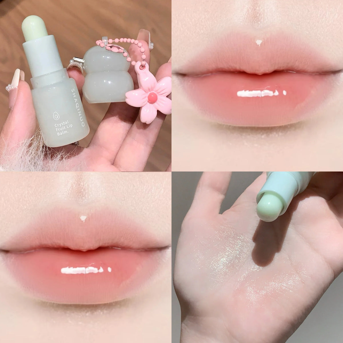 Blushimmer hydrating fruit lip balm pendant with tinted moisturizing formula, refreshing fruit flavor, and winter protection.
