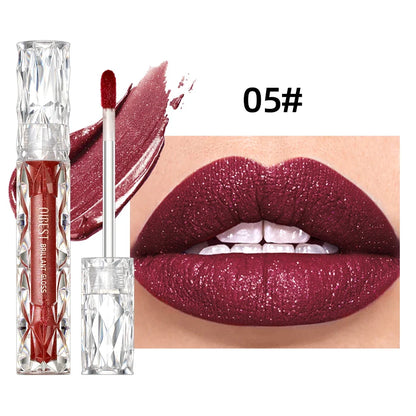 Blushimmer QIBEST matte and shiny glitter liquid lipstick in various colors, featuring a glossy, waterproof, long-lasting lip gloss finish.