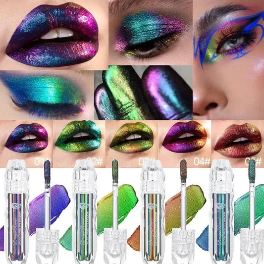 Blushimmer chameleon liquid eyeshadow with pearl shimmer, metallic lipgloss, and glitter pigment for sparkling eye and lip makeup.