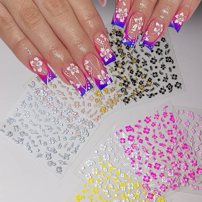 White and black 3D hibiscus flower nail sticker by Blushimmer featuring pink and gold floral decals for nail art decoration.