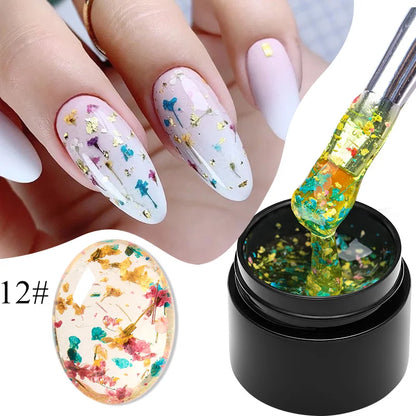 Blushimmer Meet Across 5ml pink dried flower gel nail polish with natural flower design, for UV LED nail art and soak-off gel nails.
