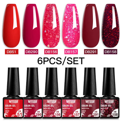 Blushimmer MTSSII 6-piece set of sparkly red gel nail polish bottles with shiny, glittery finish for nail art and manicure.