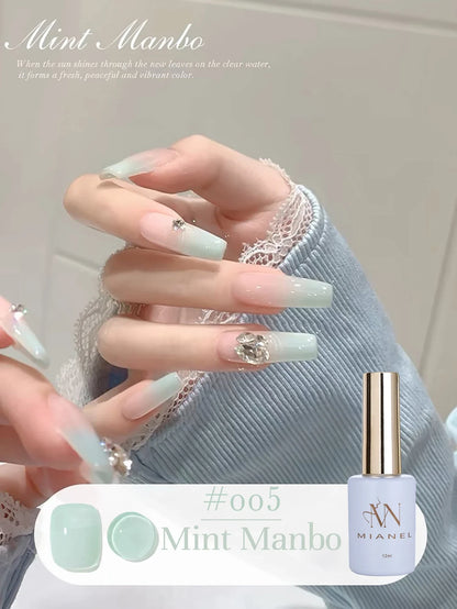 Blushimmer MIANEL 12ML Emperor Green cat eye gel nail polish showing vibrant green color and glossy finish for salon nails.