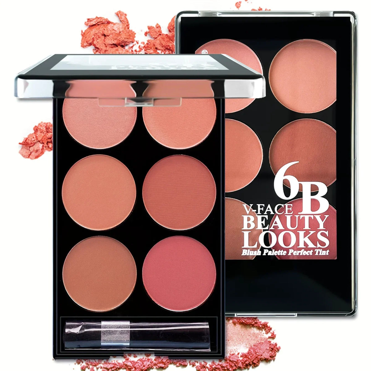 Blushimmer 6-color blush and contouring palette with pearlescent matte powders for blush and contouring makeup.
