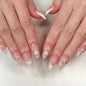 Set of 24 Blushimmer wine red almond press-on nails with cartoon rabbit, bowknot, plaid, pearl accents, and French tip designs.