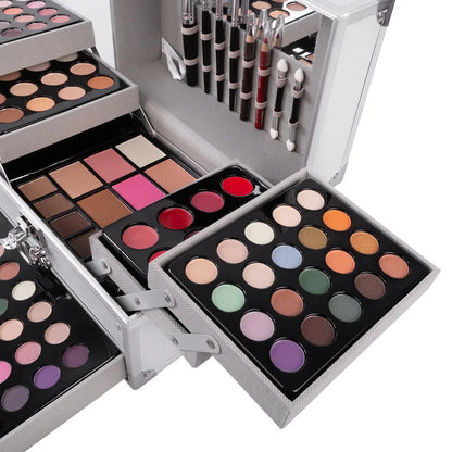 Blushimmer makeup gift set for women with face powder, eyeshadow palette, lipstick, brushes, highlighter, and bronzer in a full kit