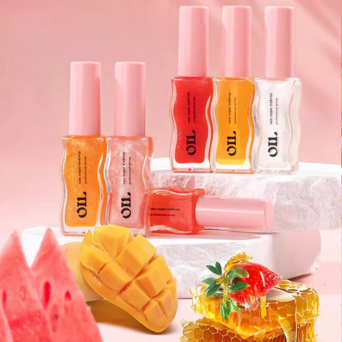 Blushimmer moisturizing pink lip gloss with lip oil for plumping, exfoliating, and caring for lips, featuring a shiny, glossy finish.
