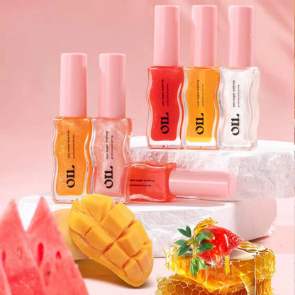 Blushimmer moisturizing pink lip gloss with lip oil for plumping, exfoliating, and caring for lips, featuring a shiny, glossy finish.