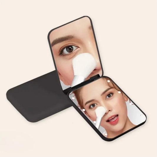 Blushimmer compact folding makeup mirror with 8 LED lights, 2x magnification, portable design, battery-powered, mini LED mirror