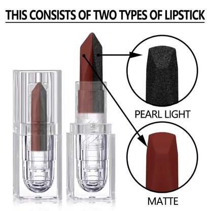 Blushimmer waterproof long-lasting matte lipstick with pearlescent finish and sexy red lips, showing a close-up of the lip tint on lips.