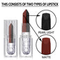 Blushimmer waterproof long-lasting matte lipstick with pearlescent finish and sexy red lips, showing a close-up of the lip tint on lips.