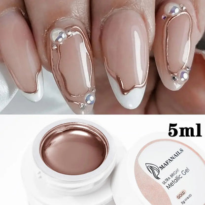 Blushimmer metallic gel nail polish in silver, gold, and rose mirror shades, semi-permanent UV nail art gel for detailed nail designs